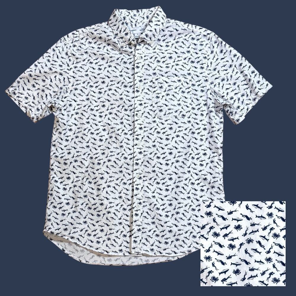 Old Navy Camp Shirt Mens White Blue Sea Life All Over Pattern Short Sleeve Sz M